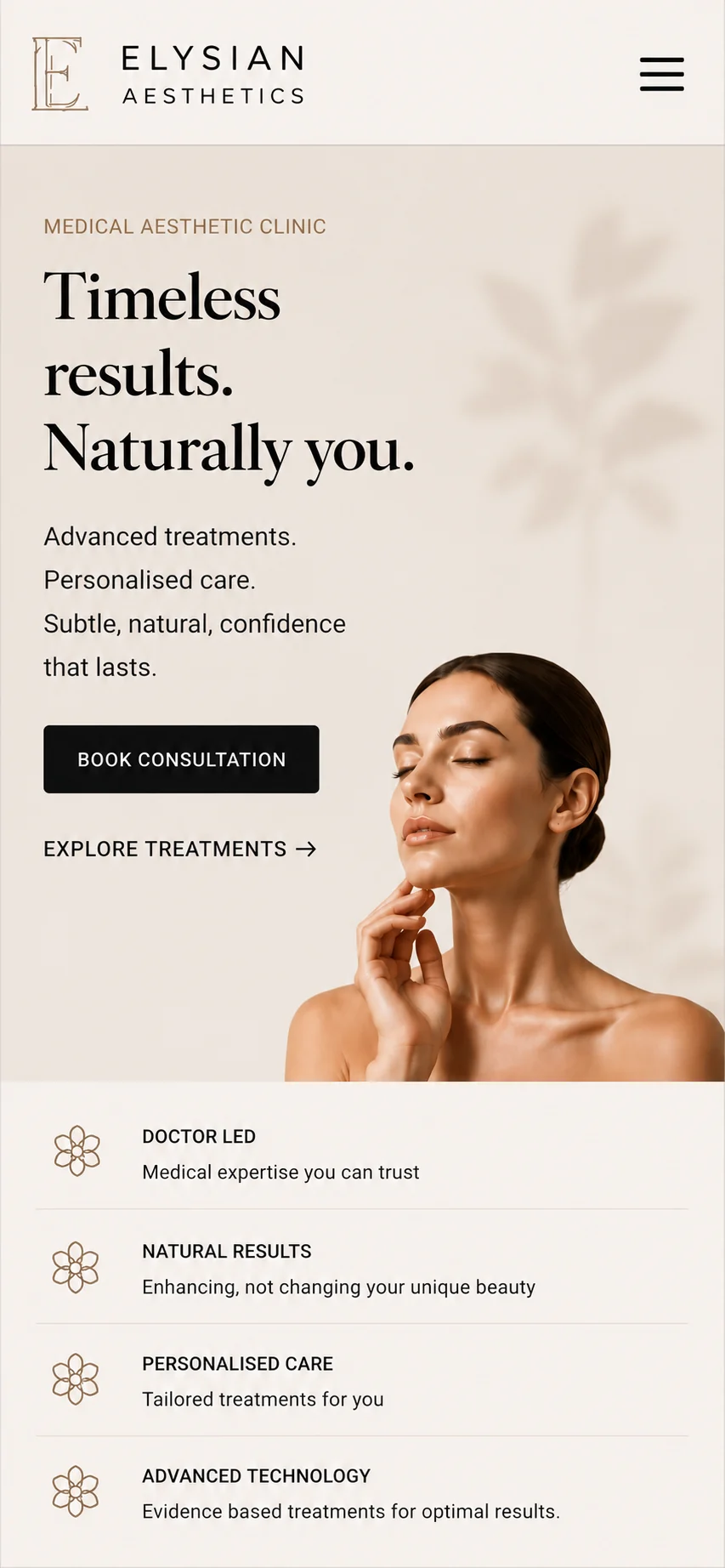 Elysian Aesthetics mobile homepage.