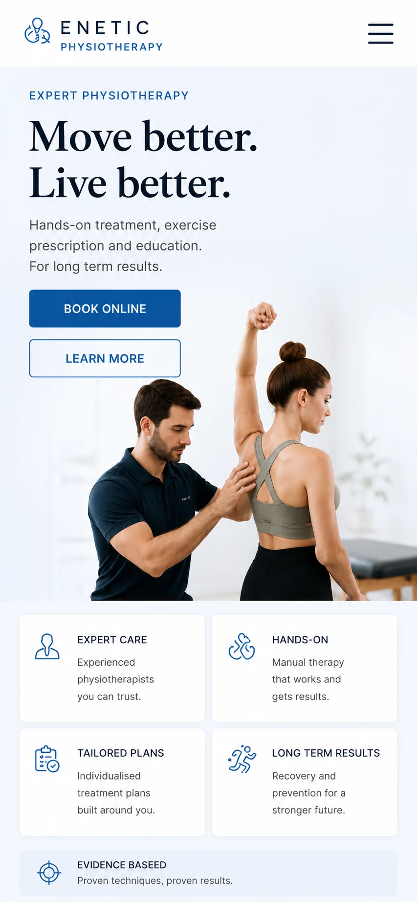 Kinetic Physiotherapy mobile homepage.