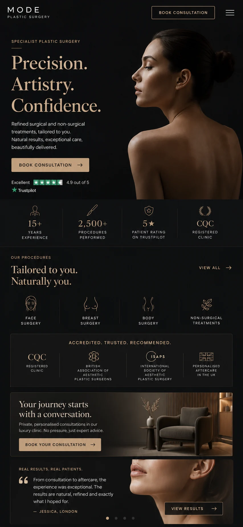 Mode Plastic Surgery mobile homepage.
