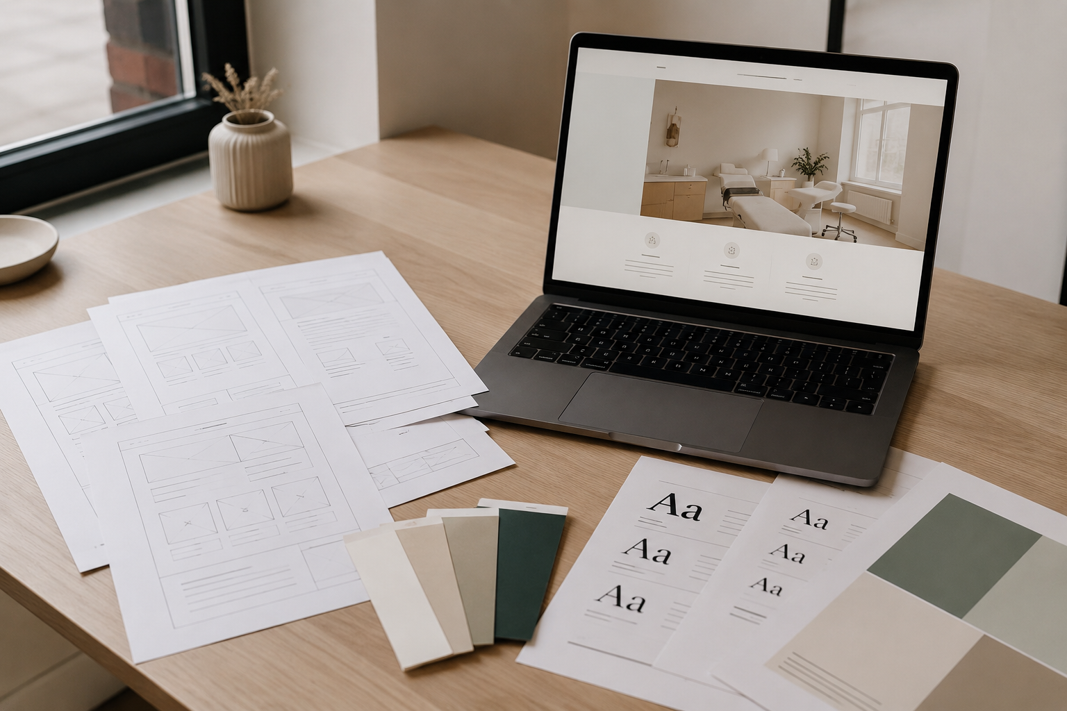 Wireframes, type samples and clinic-website mockups laid out during a refresh.